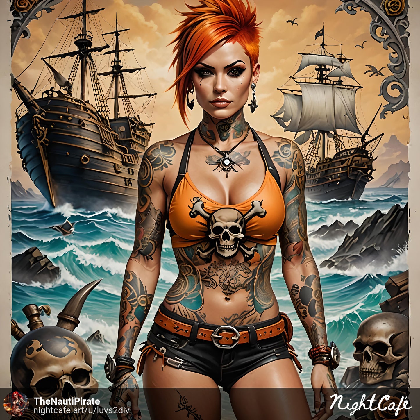 Sexy Pirate Bikini Girl Tattoo Pirate Ship High Resolution Print. 13X19
