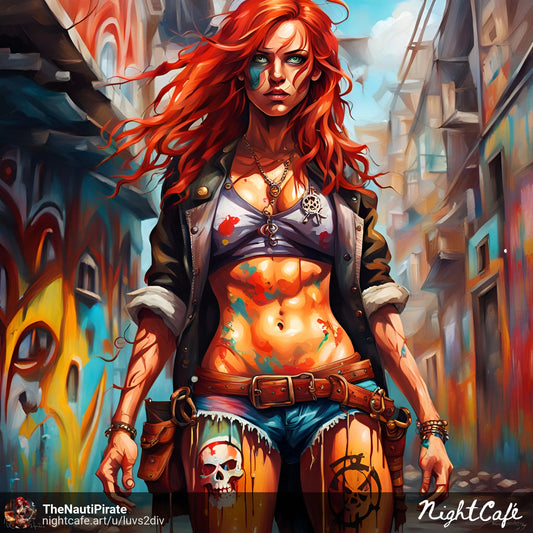 Vibrant & Sexy Pirate Bikini Girl Tattoo Redhead, High Resolution Print. 13X19.