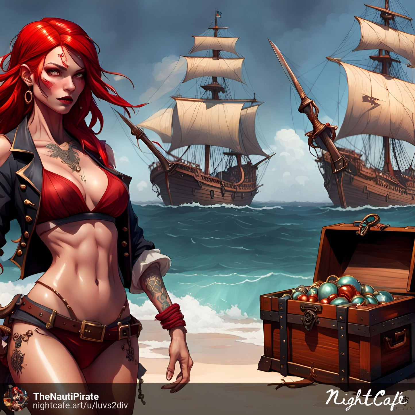 Sexy Pirate Bikini Girl Tattoo Redhead High Resolution Print. 13X19